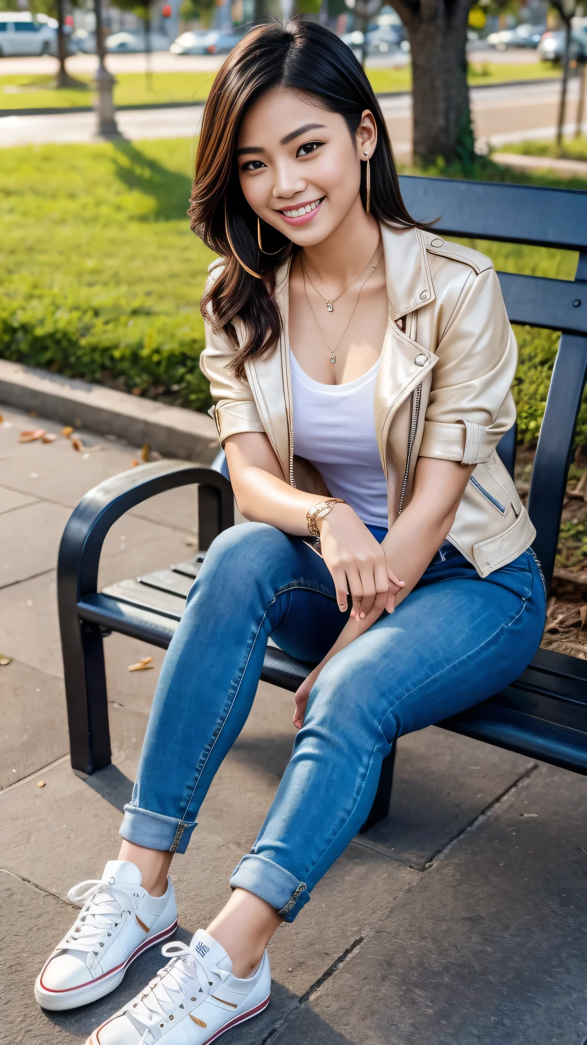 Super Resolution、Beautiful Filipino Woman、Full body photo、sitting on a park bench、Short Haircut、、Ear piercing、necklace、leather jacket、shirt、Skinny jeans、sneakers、smile、Beautiful teeth alignment