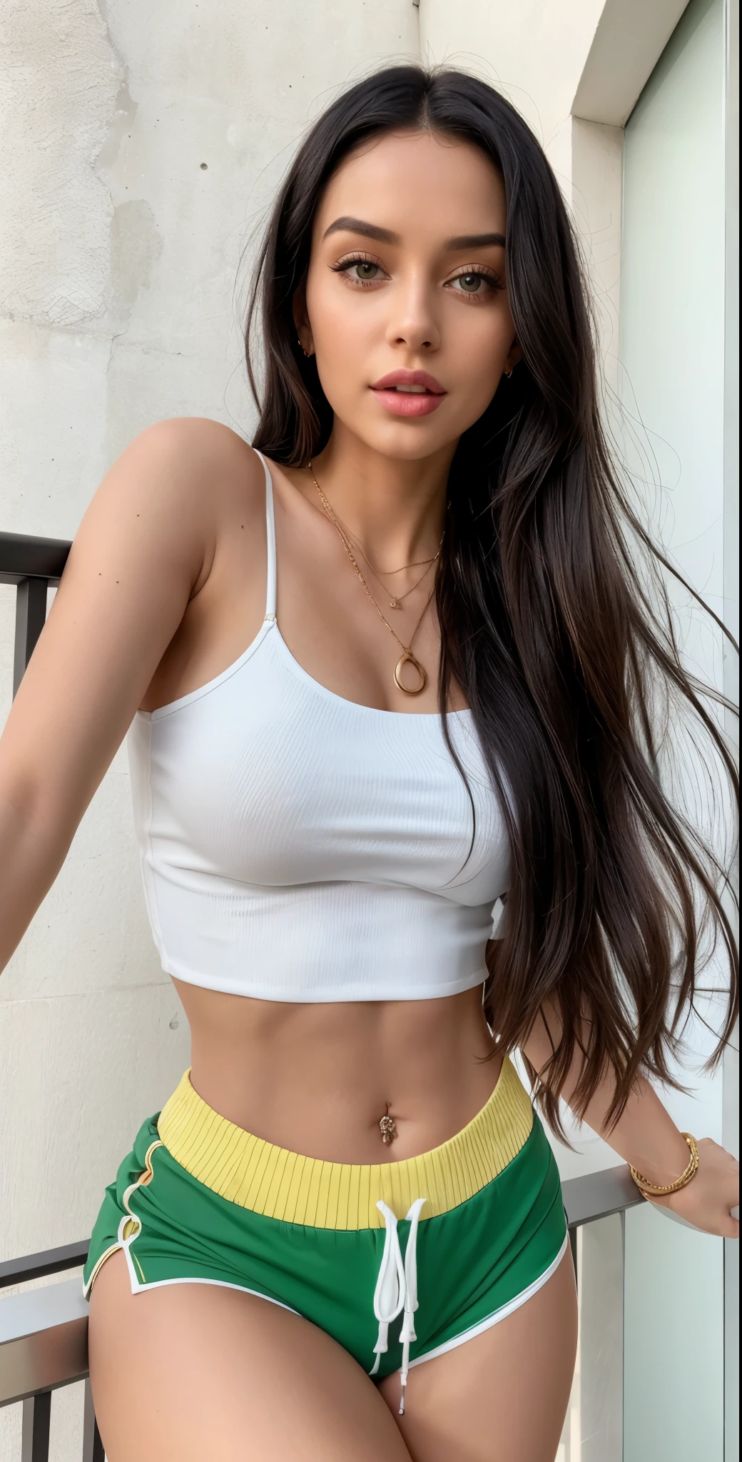 a woman with long hair and a white blouse and green shorts, wearing a sexy black pullover top with sleeves cropped top, sexy look, the smallest belly of all time, wearing a yellow cropped top, wearing a short top, beautiful covered belly, hot, her belly button is exposed, abdomen, with abdomen, cropped top, sexy girl, the extremely hot and sexy, tight clothes necklace chain, luxury balcony, black hair