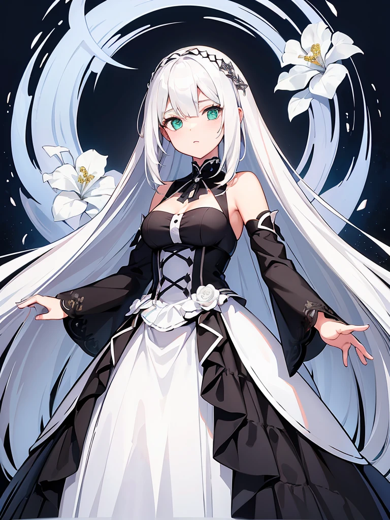 Masterpiece, ultra detailed illustration, extra fine, (1 girl), pitch black background, full length, standing, face and eyes extra fine, anime character with long white hair and black dress, god with white hair, from arc knights, cute anime wife in nice dress, white hair, in dress, trending art station on pixiv,. Girls Frontline, white hair, official character art, perfect girl with white hair, white haired woman, (shining sharp emerald eyes), dress is sleeveless, (perfect hands),bouquet of flowers,4K