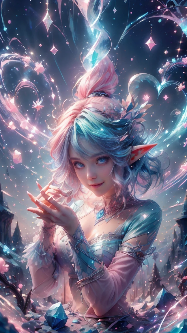 from above, high view shot, in the heart of a fantasy elf world, a young sexy elf woman with a pink style haircut, luminicent hair, elf ears, sexy elf clothes, blue and pink magic aura, smile. In a blue and pink enchanted forest, with cursed trees marked with elfic symbols, elfic tattoos, sensual pose, hands holding a blue crystal stone, magic dust, creates an atmosphere of elfic magic and cursed magic, energy and neon lights, neon blue , neon pink. good quality eyes, cyan eyes, ultra detailed, blue and pink magic light effects, masterpiece, 4k, raytracing, medium body, close-up, high view, particles and hard blue-pink neon lights, focus on blue and pink color