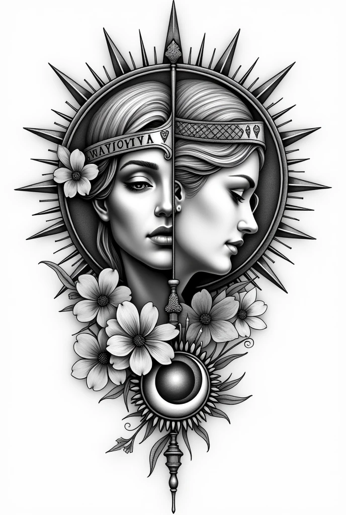 The face of a lush Valkyrie and a sun, and the face of an aphrodite and a moon in black and white
, tattoo design format of them looking at each other , make some flower details on Aphrodite and Valkyrie, some armor details and the symbols of the moon and the sun