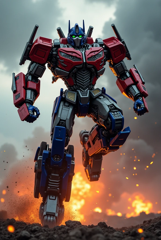 Optimus Prime, robot warrior, leaping against dark cloudy sky, intense battle background, dynamic explosion effects, cinematic lighting, highly detailed, 8K, (best quality,4k,8k,highres,masterpiece:1.2),ultra-detailed,(realistic,photorealistic,photo-realistic:1.37),epic action scene,dramatic pose,intricate mechanical design,glowing energy,sparks,dust,devastation,cinematic angle,dramatic lighting