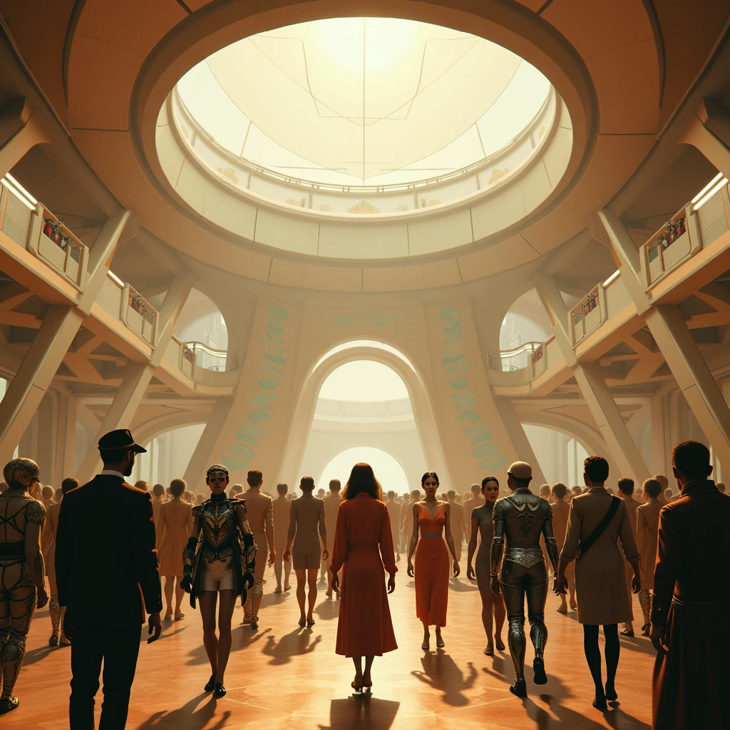 one city with focus on "Agora Hall" in a retro-futuristic style from the 1950s, with a sepia-toned color palette. The hall should be filled with people, all dressed in retro-futuristic attire. Some are wearing sleek, mid-century modern clothing with futuristic twists, while others are in uniforms reminiscent of a spacefaring society. A few individuals are clad in ornate, battle-ready armor with a 1950s sci-fi aesthetic. The large, dome-shaped ceiling reflects the warm sepia tones, and the walls feature geometric patterns and futuristic murals. The atmosphere is bustling, capturing the energy and diversity of this imagined society. The overall scene combines vintage futuristic design with a sense of community and readiness for adventure
