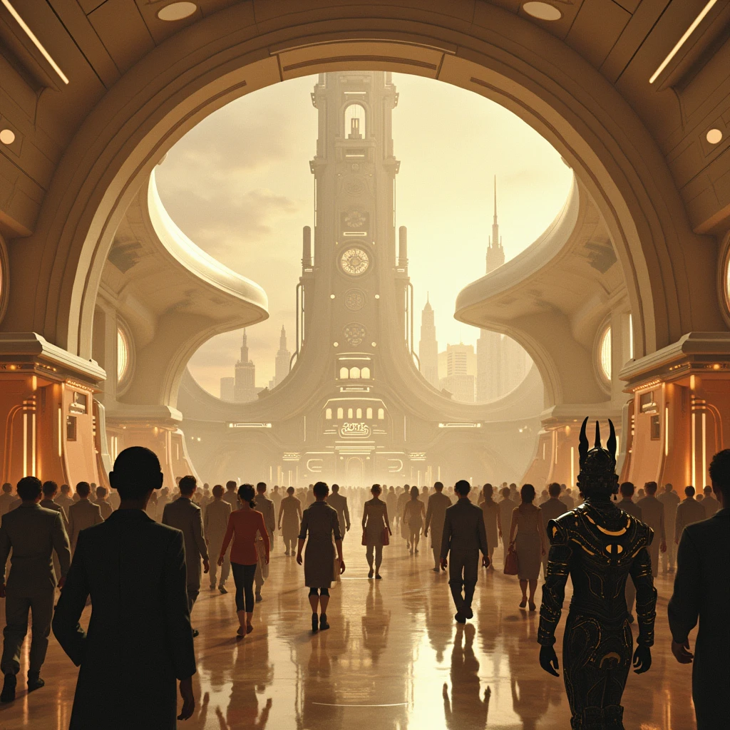 one city with focus on "Agora Hall" in a retro-futuristic style from the 1950s, with a sepia-toned color palette. The hall should be filled with people, all dressed in retro-futuristic attire. Some are wearing sleek, mid-century modern clothing with futuristic twists, while others are in uniforms reminiscent of a spacefaring society. A few individuals are clad in ornate, battle-ready armor with a 1950s sci-fi aesthetic. The large, dome-shaped ceiling reflects the warm sepia tones, and the walls feature geometric patterns and futuristic murals. The atmosphere is bustling, capturing the energy and diversity of this imagined society. The overall scene combines vintage futuristic design with a sense of community and readiness for adventure