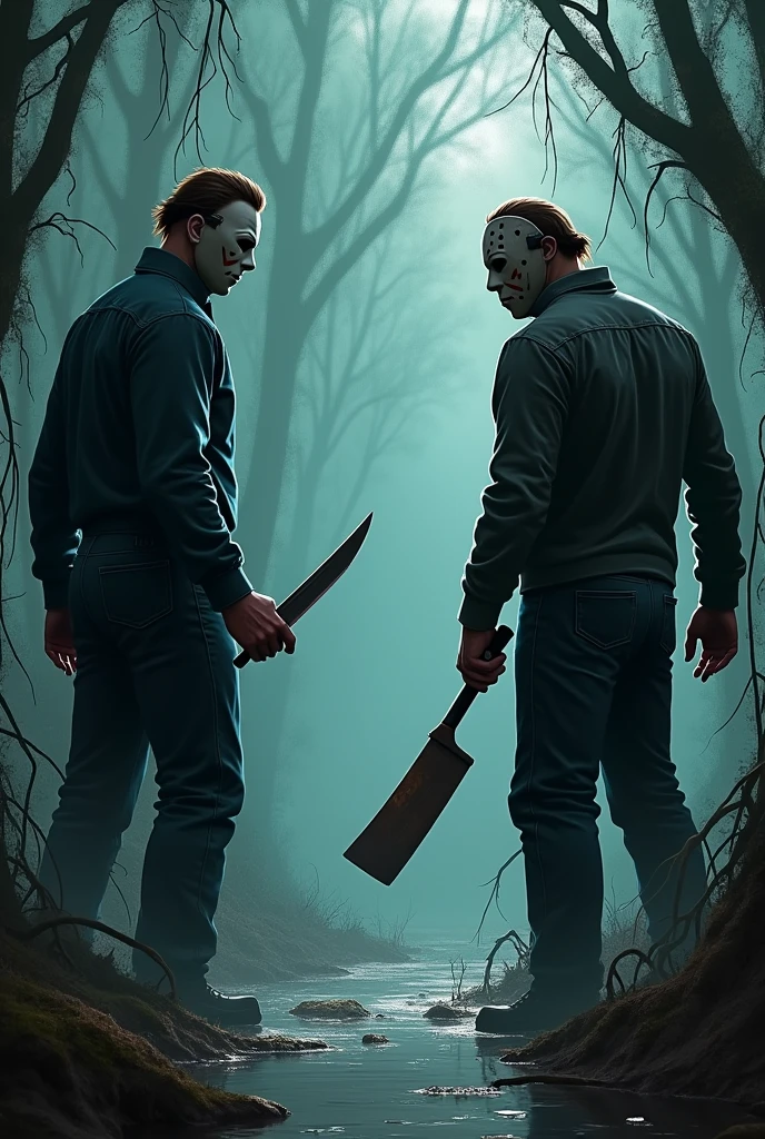 Create an anime-like image of Michel Myers fighting Jason in a swamp, Michael Mayers has a knife in his hand and Jason has a machete