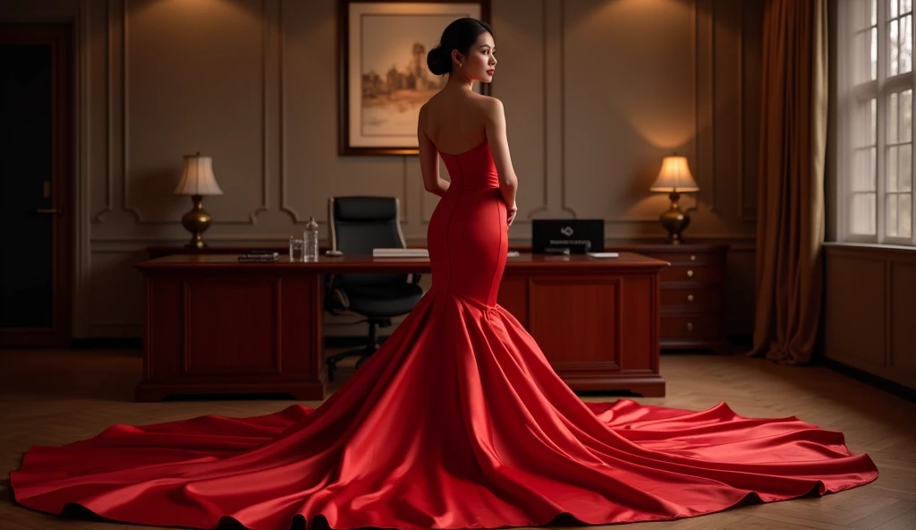 (masterpiece,highest quality,超A high resolution),hijab girl, (((Very beautiful 35 year old girl))), pretty woman, a woman in the mermaid long train silk red gown,the gown is very long, wear modern hijab, full body, long satin, red satin mermaid tight long gown, flowy dramatic long gown, tall women, random pose, strugle to walk, wear high heels, masterpice (Shiny red long train dress mermaid-style long skirt