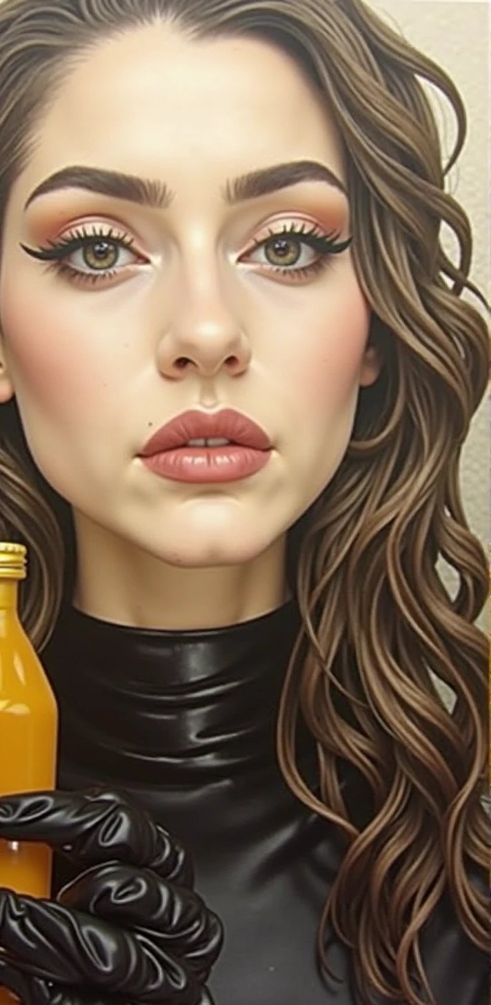 Mistress wearing a latex suit holding a bottle of mustard