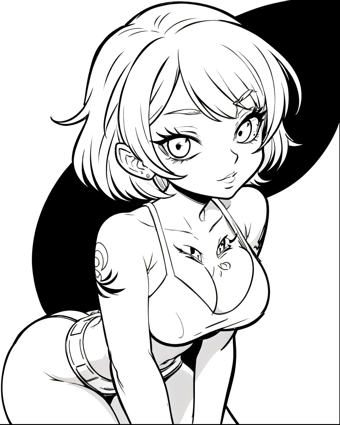 A simple black and white coloring page featuring a pin-up girl tattoo style, The illustration has thick black outlines, clear crisp lines, and minimalistic details to make it easy for kids to color. No background details are included,