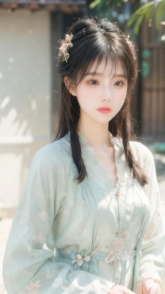 best quality,masterpiece,超high resolution,(photorealistic:1.4),8K RAW photos, high resolution,Chinese white Hanfu,Beautiful pattern, color embroidery, beautiful eye details, long eyelashes, RAW photos, facing the audience, upper part of body, Close-up shot, ((( landscape background))),(((1 girl))),solo,upper part of body, beautiful hairstyle, hair accessories, bead, jewelry, No action, front lighting, Smile, (looking at camera)