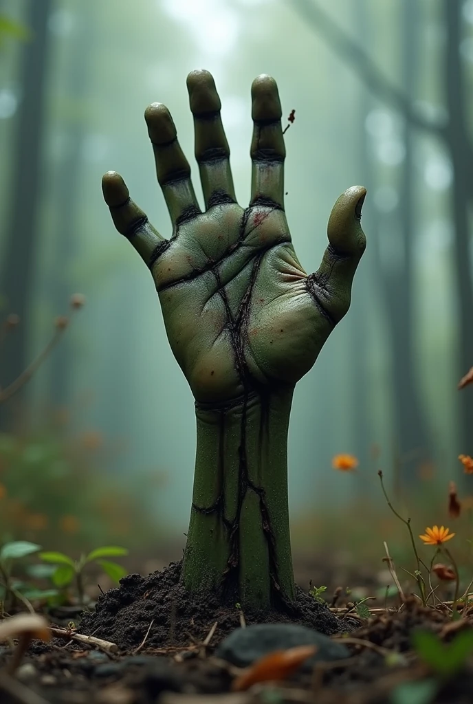 Zombie hand emerging from the ground holding a piece of wood