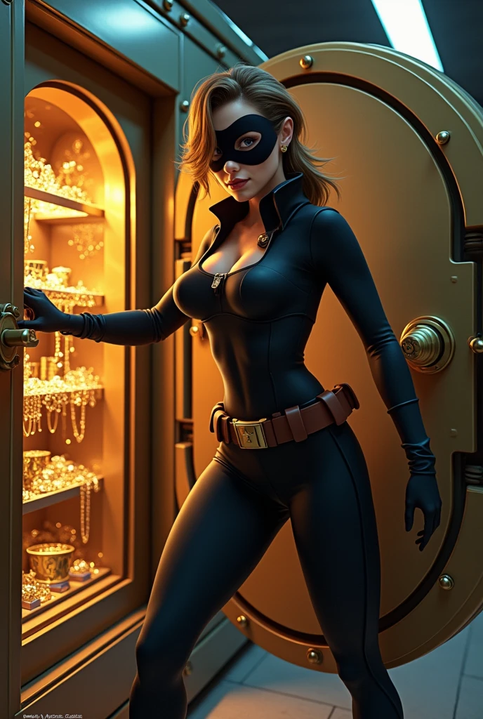 Une famme en cosplay totally spies qui fait un braquage dans un coffre ouvert avec dedans bauecou de bijoux