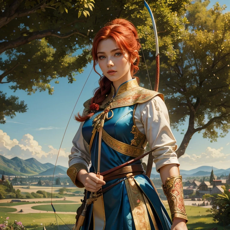 (masterpiece, best quality:1.5), highest quality, High resolution, super detailed, Realists, Upper body photo of a red-haired archer, detailed and beautiful eyes, beautiful detailed lips, very detailed eyes and face, longeyelashes, Archer in dress made of blue shiny satin, Simple details in the fabric. Beautiful and colorful makeup, ponytail hairstyle, Gardens as background, bright daylight, bright colors, fine brushstrokes, Portrait style, beautiful color palette, glowing skin, First-class rendering, that captures every detail, enchanting atmosphere, (perfect anatomy:1.2), (The stunning archer holds a bow. (magnificent panorama view:1.2)