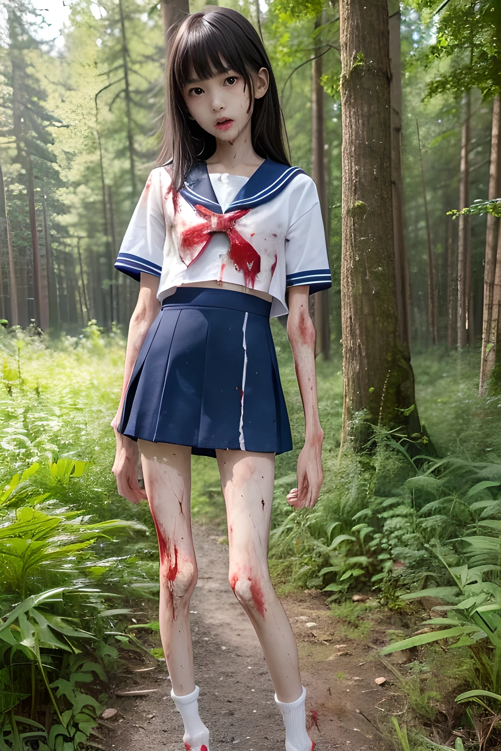 (8K、RAW Photos、highest quality、masterpiece:1.2), (Realistic、Photorealistic:1.2), (High resolution skin:1.1), Beautiful young girl,japanese, 11 years old,small breasts,(Slender girl:1.4),(Thin legs:1.5),dark blue mini skirt,sailor suit, White  socks, Short sleeve,sneakers, whole body,forest,standing,(dirty),(wounds,bloody legs:1.5)