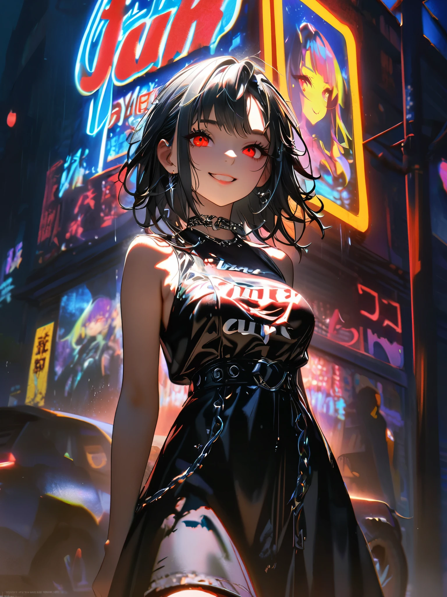 1 girl, chromatic aberration, Written boundary depth, Soft Light, masterpiece, Highest quality, complicated, Tone Mapping, A place where fireworks are set off at festivals. Concept Art, Smooth, Clear focus, Dramatic lighting, Very cinematic, super practical painting, アートステーション's trending, 8k, Incredible Shadows, practical, whole body, View, Viewers, Portrait of a Girl 1, standing on street corner, Heavy rain and lightning、Dark Sky, neon and cyber punk background, she is dressed in punk clothing with silver chains and silver spikes, Her hair was dyed a bright black color..........Ominous aura of light, smile, punk, ciber punk, Backlight.Fashionable clothes、Friendly dress code:Stylish sleeveless.My breasts are a little big.Beautiful red eyes