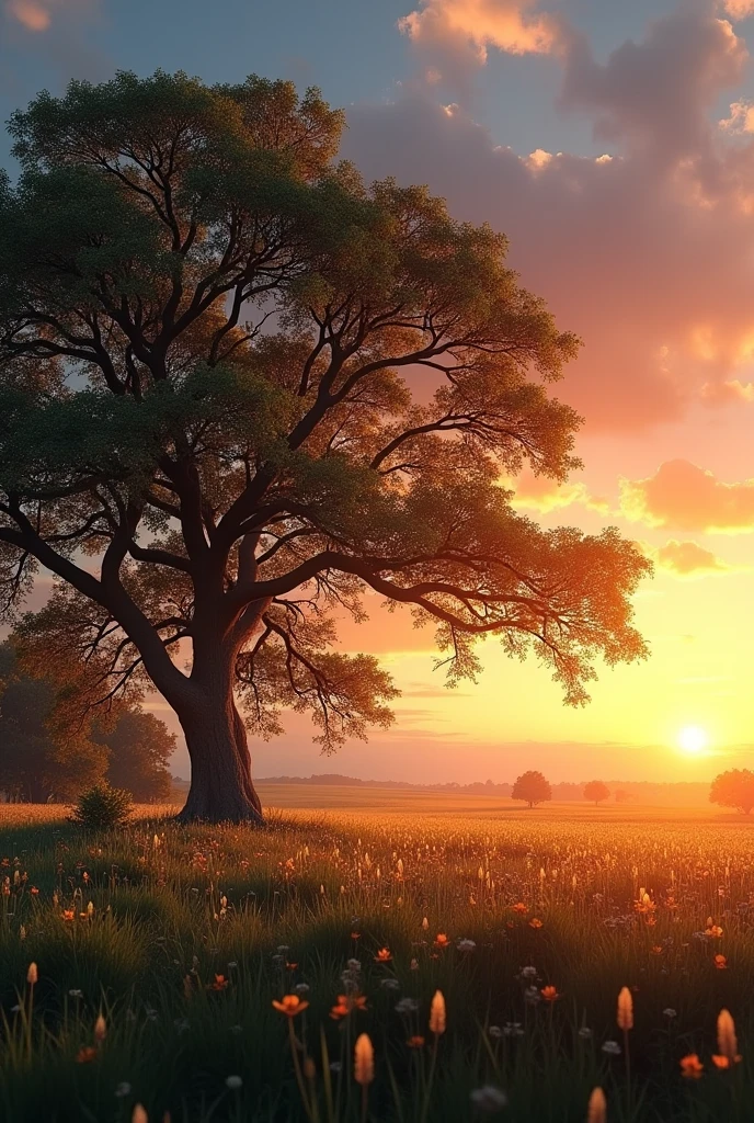 (best quality, masterpiece, ultra detailed, ultra high res, photorealistic, raw photo, absurdres, absolutely resolution), A summer evening, trees swaying in the wind and the sky changing color.
