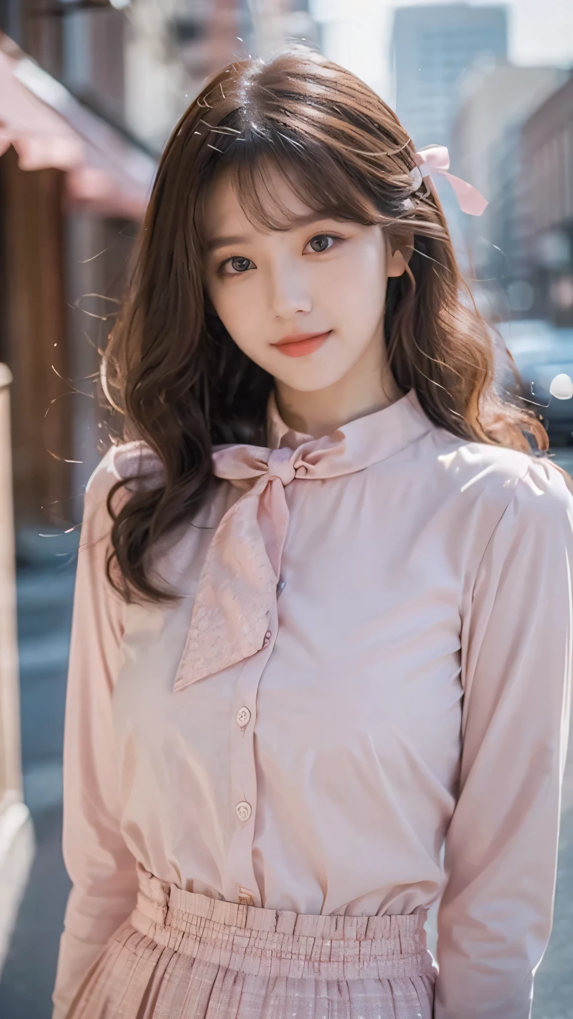 detailed background, masterpiece, best quality, 1 person , curly hair, long hair, purple eyes, star in eye , pink blouse, long skirt,pink, ,pink blouse , beautiful bow, detailed bow,