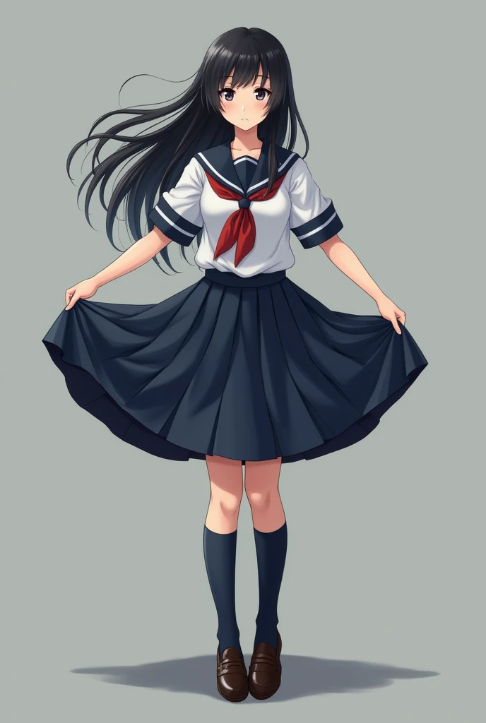 Japanese girl lifting up her skirt、Black Hair、Long Hair、Navy blue socks、loafers、Underwear is visible、Real