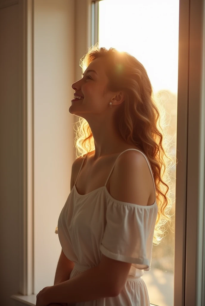 A woman looking out of a window, radiant and happy, because there is no pain in your stomach 