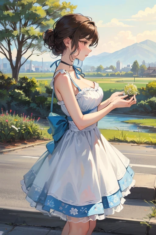 ((Best Quality)), ((masterpiece)), (detailed), 1 girl with a short floral dress with a neckline and blue hair ,Brown hair, Brown eyes, a landscape of a park, big breasts, ((Front view))