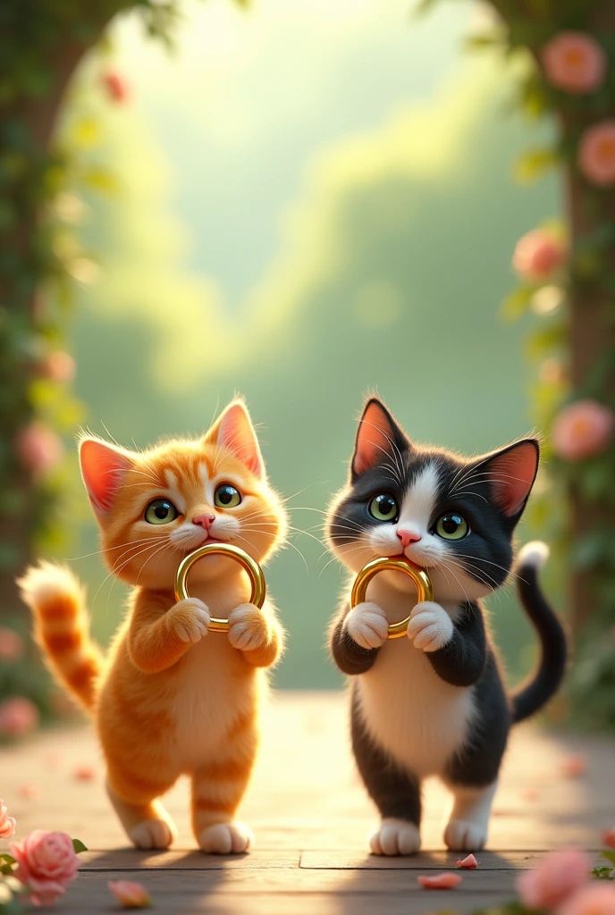 A yellow cat and a black and white cat carrying wedding rings to the altar