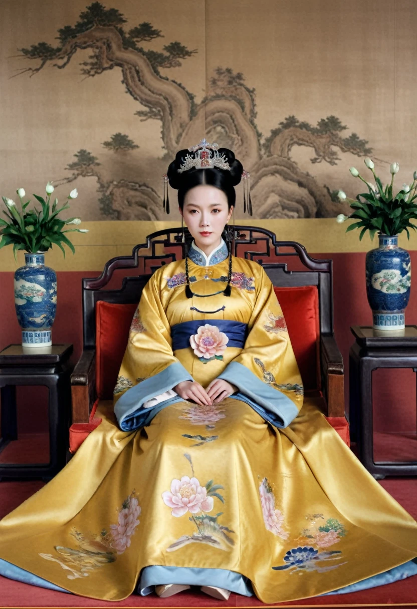 From before the Qing, The Empress sits naked on a golden sofa in the palace, Her eyes are wide open, Her legs were spread, big naked breasts. At the Chinese court during the Qing Dynasty, Empress of the Qing Dynasty, Empress of China, Wearing a large crown, When viewed from below, the abdomen and thighs are visible..。She is completely naked, Showing off gorgeous large flowers and hairpins, She tied her hair up and pulled it up, 背景はEmpress of the Qing Dynastyの豪華な宮殿.