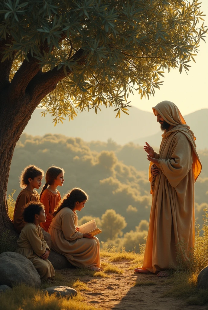 Generate an image of Mary one morning watching Jesus from afar as he was a child sitting in the shade of an olive tree, his eyes shone with a wisdom far beyond his years. He was surrounded by several children, listening carefully to their stories and laughter, Maria must appear in the photo and must be standing away from them watching