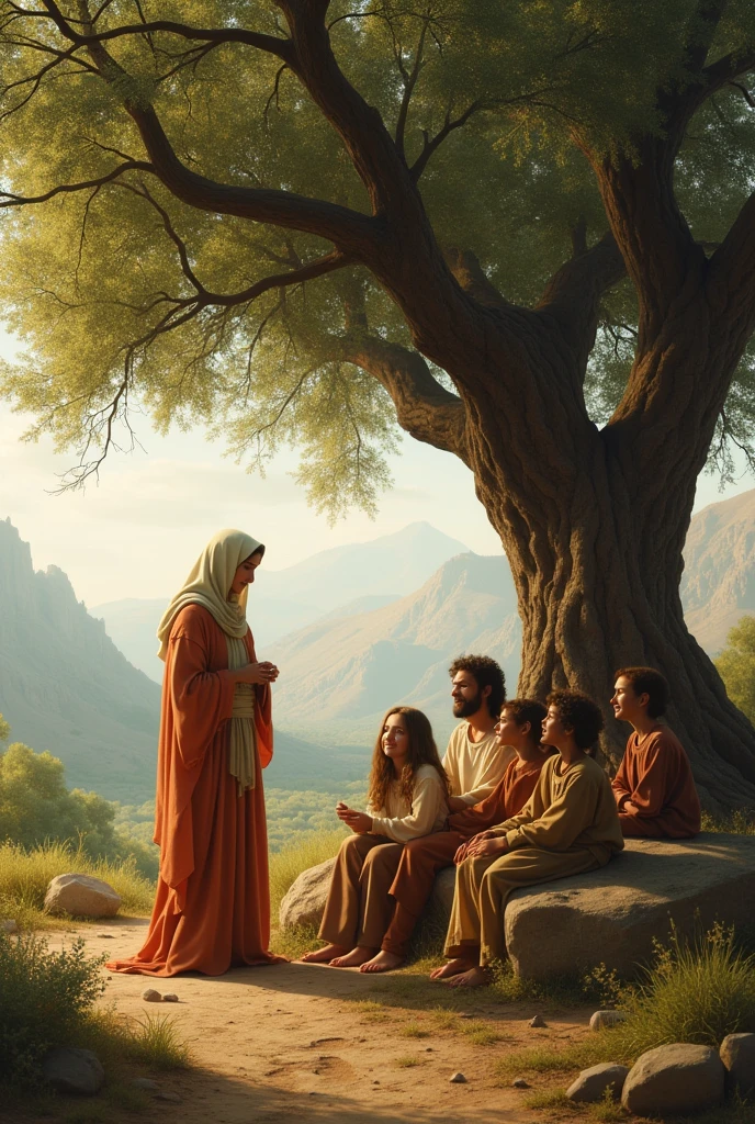 Generate an image of Mary one morning watching Jesus from afar as he was a child sitting in the shade of an olive tree, his eyes shone with a wisdom far beyond his years. He was surrounded by several children, listening carefully to their stories and laughter, Maria must appear in the photo and must be standing away from them watching