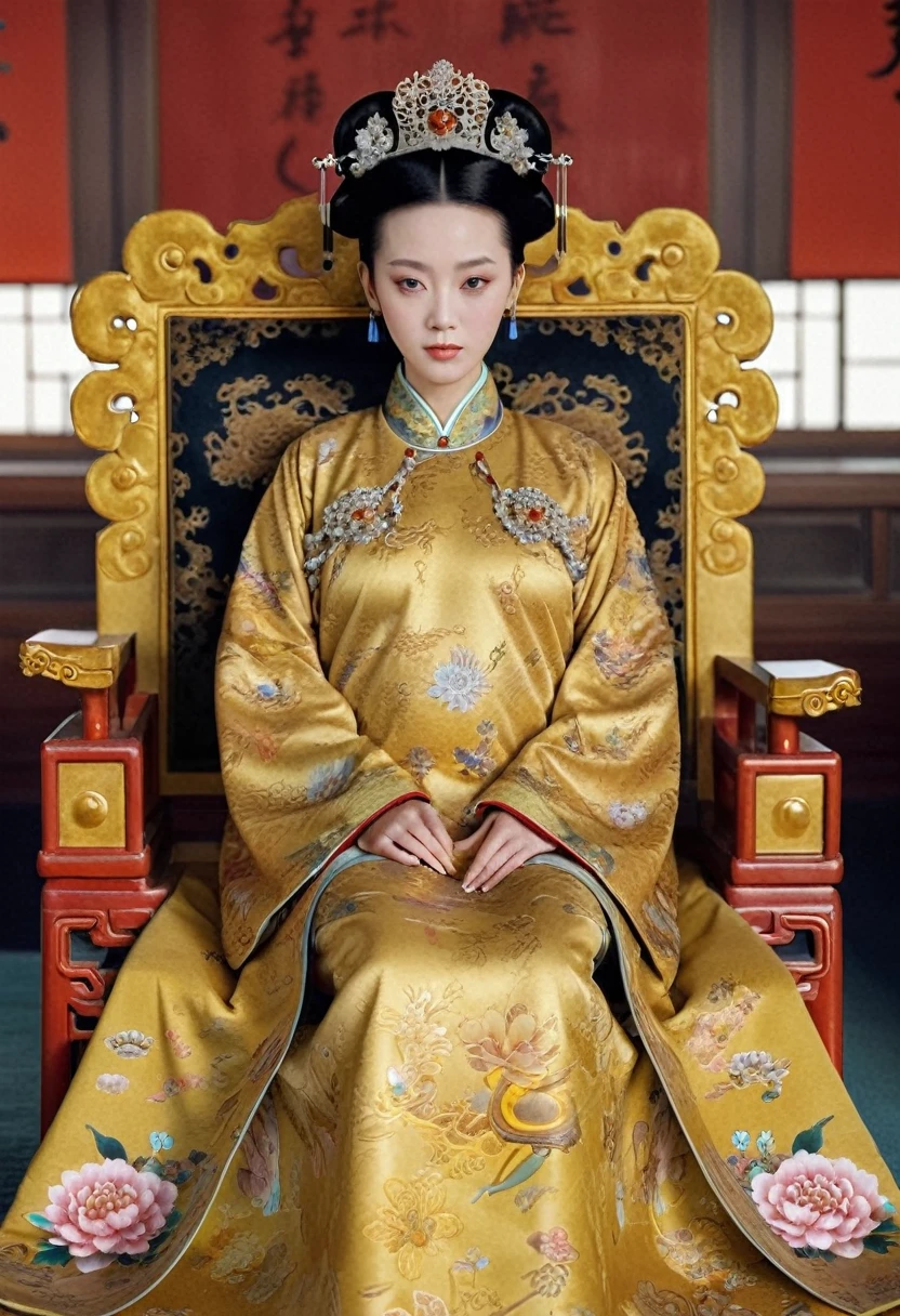 From before the Qing, The Empress sits naked on a golden sofa in the palace, Her eyes are wide open, Her legs were spread, big naked breasts. At the Chinese court during the Qing Dynasty, Empress of the Qing Dynasty, Empress of China, Wearing a large crown, When viewed from below, the abdomen and thighs are visible..。She is completely naked, Showing off gorgeous large flowers and hairpins, She tied her hair up and pulled it up, 背景はEmpress of the Qing Dynastyの豪華な宮殿.