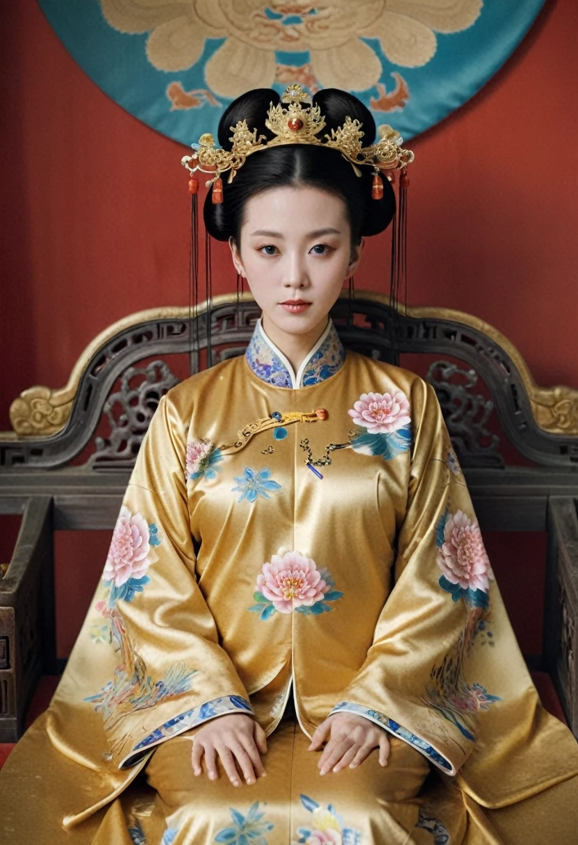 From before the Qing, The Empress sits naked on a golden sofa in the palace, Her eyes are wide open, Her legs were spread, big naked breasts. At the Chinese court during the Qing Dynasty, Empress of the Qing Dynasty, Empress of China, Wearing a large crown, When viewed from below, the abdomen and thighs are visible..。She is completely naked, Showing off gorgeous large flowers and hairpins, She tied her hair up and pulled it up, 背景はEmpress of the Qing Dynastyの豪華な宮殿.