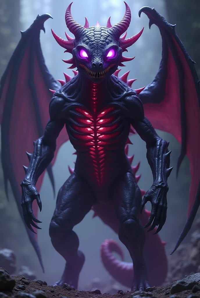 body has a vaguely draconic shape and a skeletal appearance, and is largely dark violet with red highlights.
The body in general, looks a lot like the Xenomorph Queen, but as if she had infected a dragon and formed a Xenomorph Queen dragon He has no skin or membranes, and its inner part glows in a scarlet reddish purple color With white illuminated and empty eyes