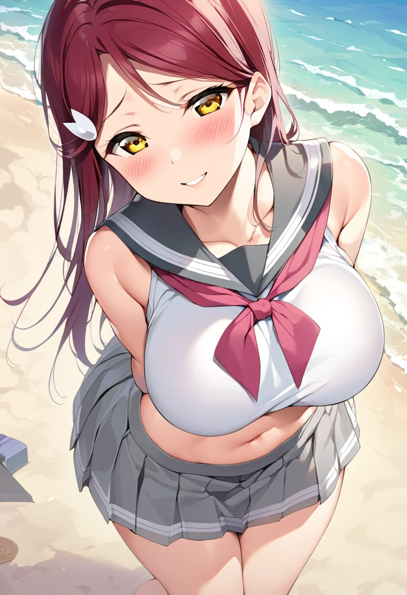 Masterpiece,best quality,Solo, Sakurauchi riko love live, yellow eyes,long hair, blush, love scene, skirt, sleeveless, pleated skirt, standing, serafuku, grey skirt, uranohoshi ,navel, thighs, lovely smile, arms behind back,big breasts, beach, erotic figure, sailor top 