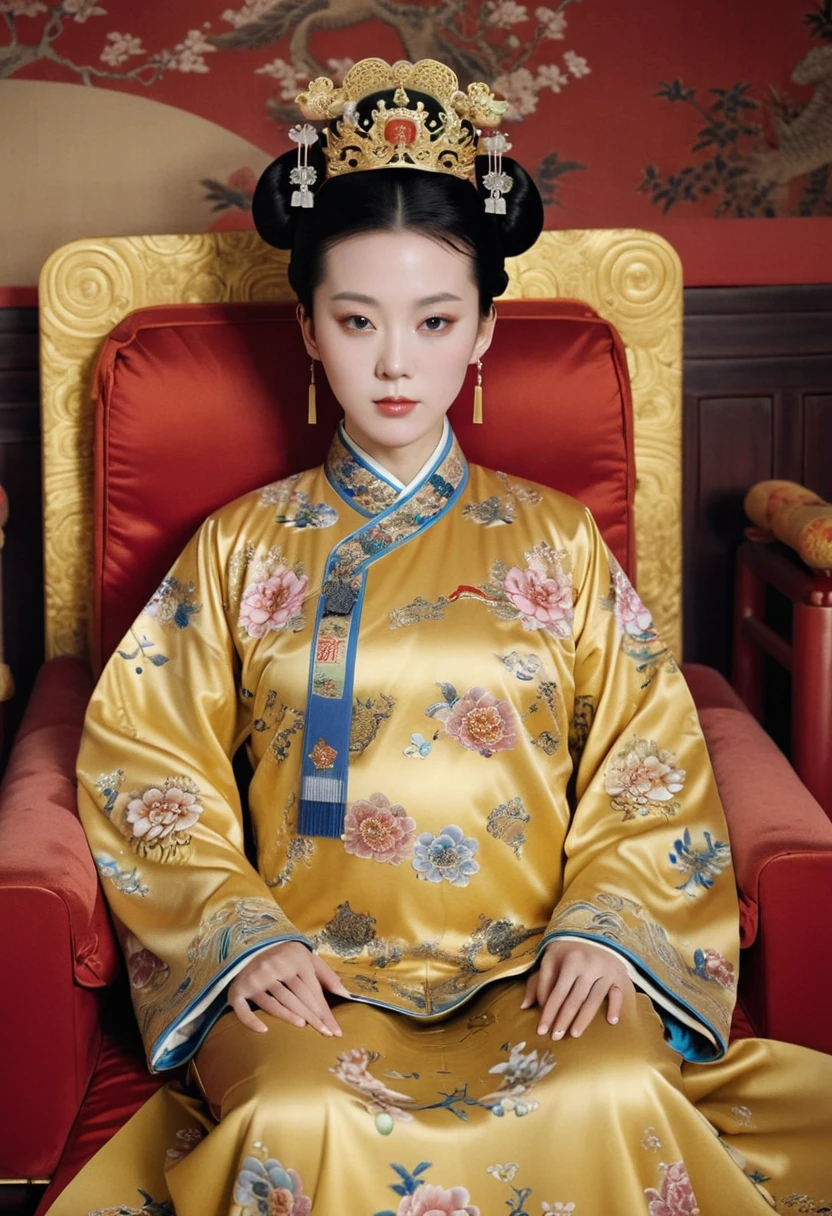 From before the Qing, The Empress sits naked on a golden sofa in the palace, Her eyes are wide open, Her legs were spread, big naked breasts. At the Chinese court during the Qing Dynasty, Empress of the Qing Dynasty, Empress of China, Wearing a large crown, When viewed from below, the abdomen and thighs are visible..。She is completely naked, Showing off gorgeous large flowers and hairpins, She tied her hair up and pulled it up, 背景はEmpress of the Qing Dynastyの豪華な宮殿.