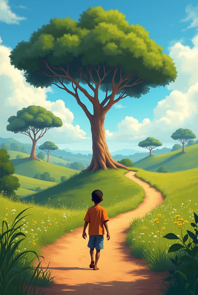 A Ethiopian boy walking on road towards a odaa tree. A long combed hair boy with happy face