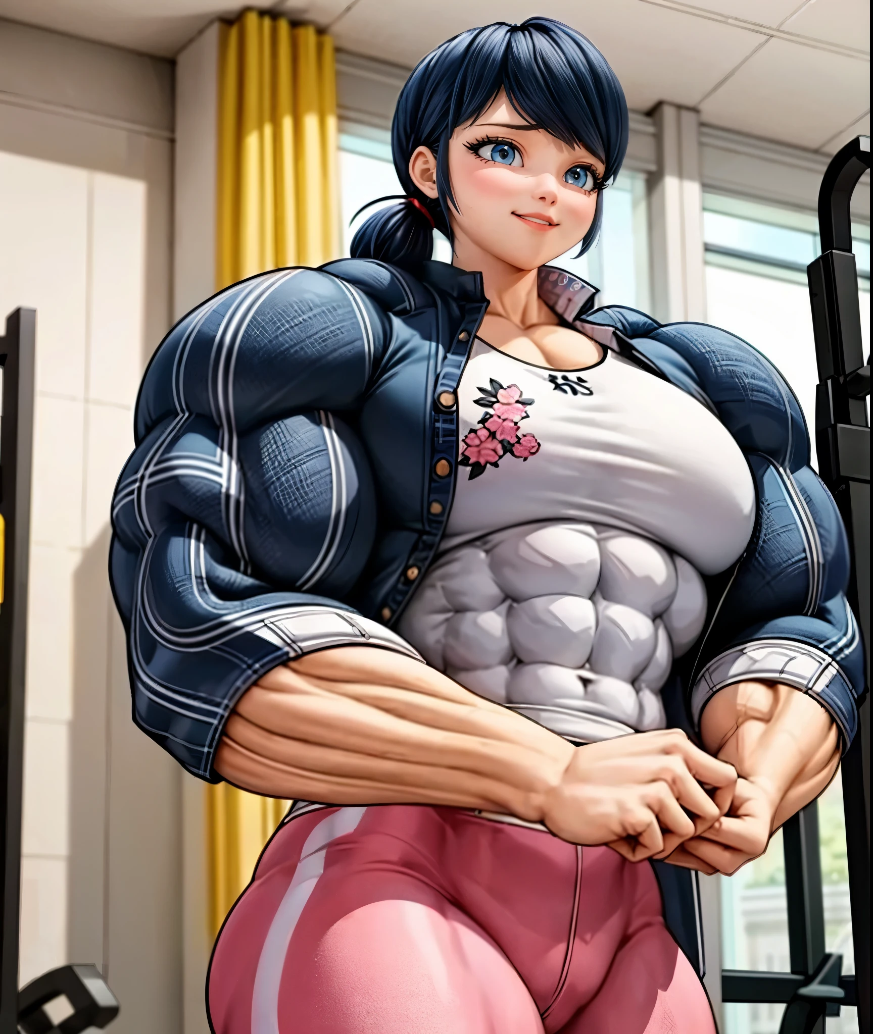 (big muscular female bodybuilder, beautiful detailed eyes, beautiful detailed lips:1.1,strong physique, two short pigtails, (smile), ( Marinette wears a white printed shirt ), black jacket, ((( dark pink jean's , plane jean's, without pattern))), and ballet flats.), lifting weight, Thick Neck, watermelon sized muscular arms and legs:1.2, toned 10 pack abs, powerful expression,sweating:1.1, gym background:0.9, intense focus:1.1, vibrant colors, dramatic lighting), rippling muscles,sturdy frame,dark tan,fit around the waist,(tight 10 pack abs),strong arms and shoulders,intense expression,determined look,well-defined muscles and veins,straining muscles,artistic pose,steely gaze,side lighting,powerful presence,vivid colors,dynamic composition,studio lighting,physically-based rendering,athletic build,bodybuilding silhouette,professional,gritty texture,bokeh, working out in the gym with heavy dumbell .