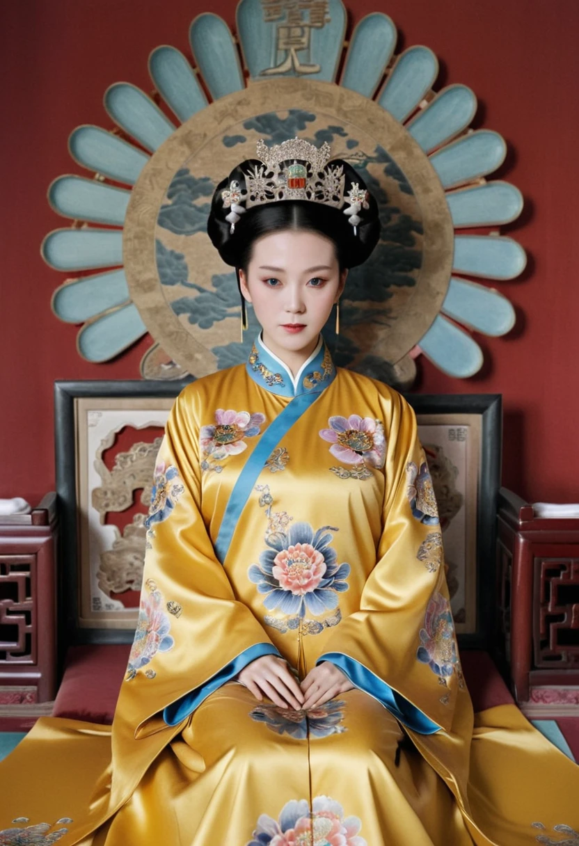 From before the Qing, The Empress sits naked on a golden sofa in the palace, Her eyes are wide open, Her legs were spread, big naked breasts. At the Chinese court during the Qing Dynasty, Empress of the Qing Dynasty, Empress of China, Wearing a large crown, When viewed from below, the abdomen and thighs are visible..。She is completely naked, Showing off gorgeous large flowers and hairpins, She tied her hair up and pulled it up, 背景はEmpress of the Qing Dynastyの豪華な宮殿.