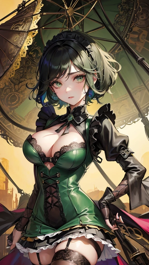 1 girl, anime, high quality, intricate details, black hair, fluffy hair, short hair, elegant, futuristic setting, maid dress, stockings, green streaks in hair, steampunk accessories, stoic expression, lacy umbrella, gothic style, green eyeshadow, lacy gloves, curvy