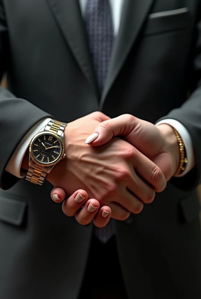 Two hands shaking each other, one veiny male hand with flashy watch and the other female hand with gold bracelet and long nails, realistic and bottomless