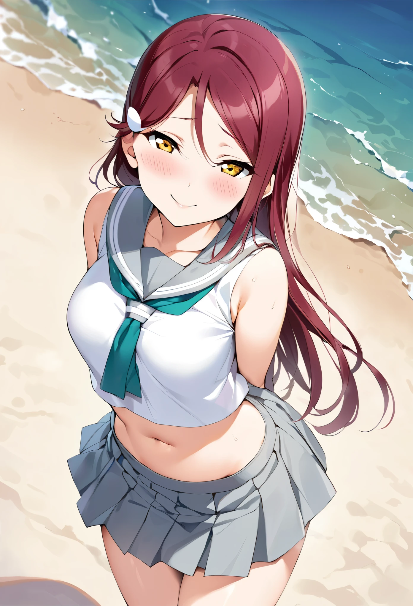 (from below:1.1),1  girl, masterpiece, best quality, (anime screencap:1.4),(illustration), cute,(simple:1), (anime:1.2),solo sharp focus, 1girl, cleavage,looking at viewer, japan,beach, doyagao, open mouth,red hair ((mini skirt)),standing,(under boob:1.1),(nsfw), huge breasts, black long hair, nsfw