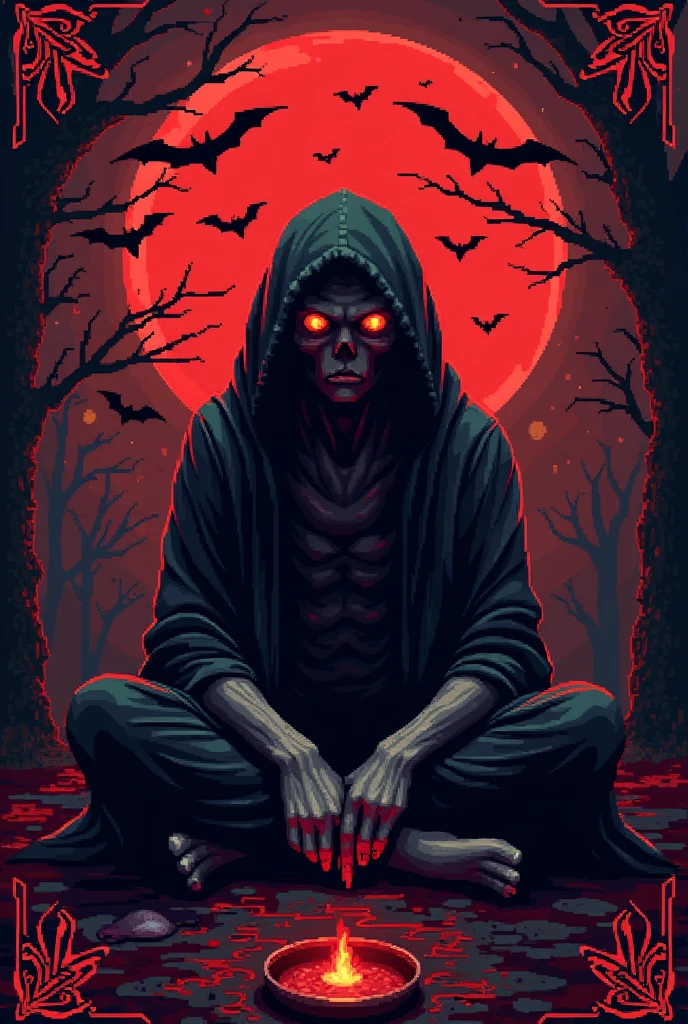 Make a dark magic bloody satanic tarot deck in pixel art style