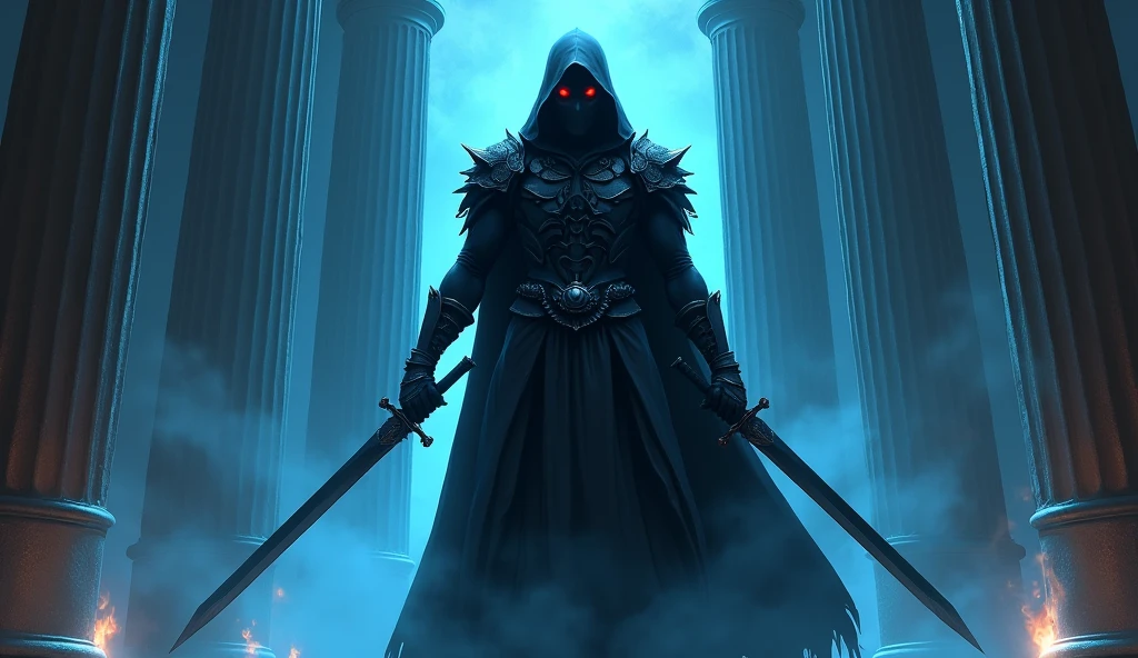 fantasy image. Inside a Greek-style temple, where the only light is a blue flame glowing on an altar, there is an imposing man dressed in dark armor, with a black hood and cloak, whose face is completely covered with a mask of fabric that only shows his crimson red eyes. (Fantasy Assassin with two straight swords) Anime Style, Fantasy Style, Horror Style.