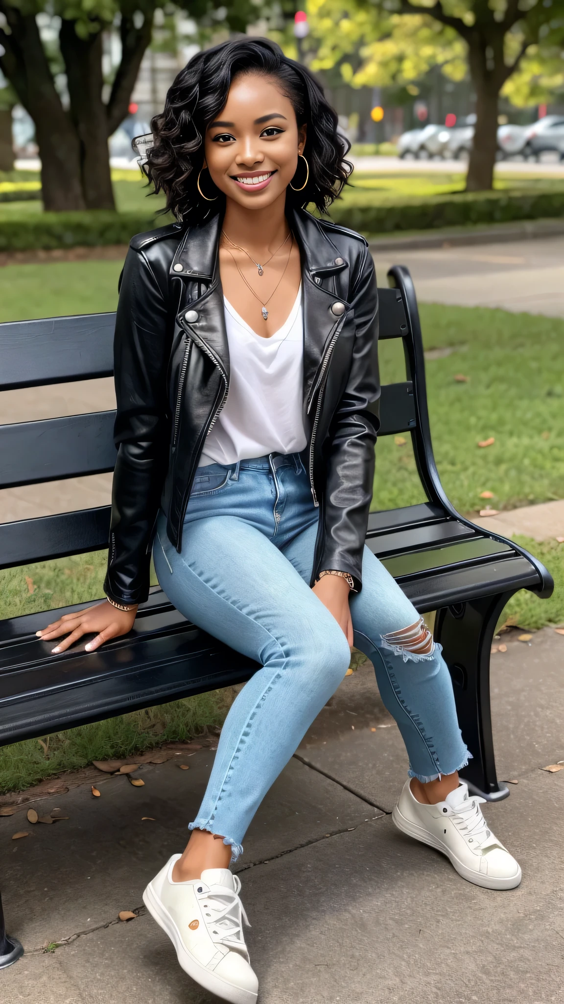 Super Resolution、Beautiful Indian Woman、Full body photo、sitting on a park bench、Short Haircut、、ear piercing、necklace、leather jacket、shirt、Skinny jeans、sneakers、、smile、Beautiful teeth alignment
