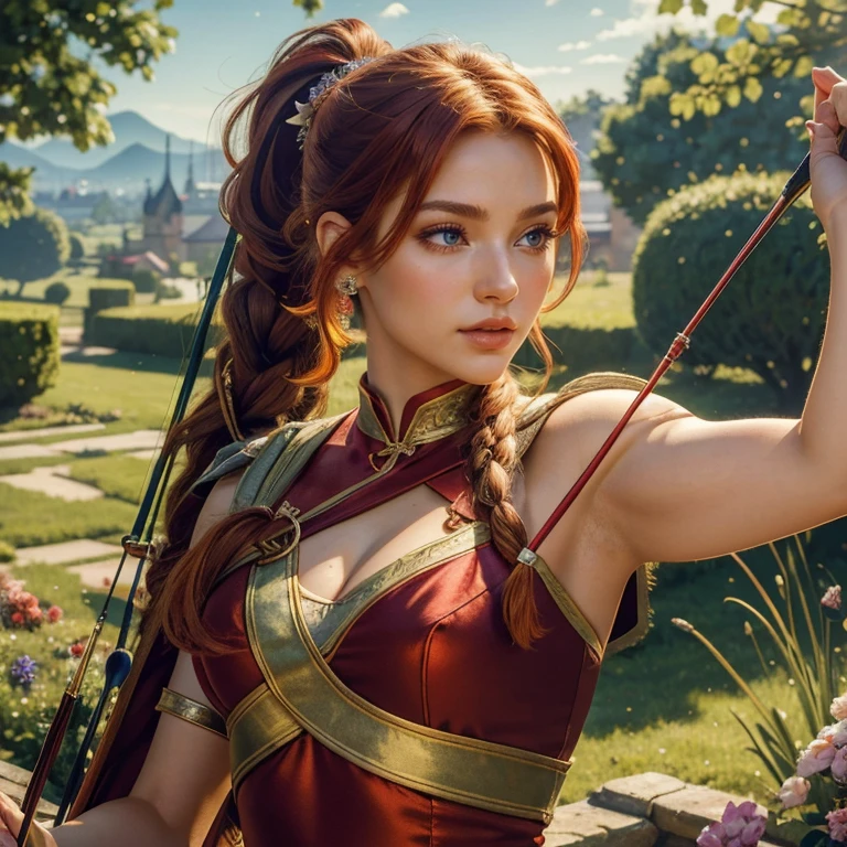 (​masterpiece, best quality:1.5), highest quality, High resolution, super detailed, Realists, Upper body photo of a red-haired archer, detailed and beautiful eyes, beautiful detailed lips, very detailed eyes and face, longeyelashes, Archer in shiny satin dress, Simple details in the fabric. Beautiful and colorful makeup, ponytail hairstyle, Gardens as background, bright daylight, bright colors, fine brushstrokes, Portrait style, beautiful color palette, glowing skin, First-class rendering, that captures every detail, enchanting atmosphere, (perfect anatomy:1.2), (The stunning archer holds a bow.  (magnificent panorama view:1.2)