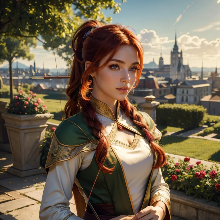 (masterpiece, best quality:1.5), highest quality, High resolution, super detailed, Realists, Upper body photo of a red-haired archer, detailed and beautiful eyes, beautiful detailed lips, very detailed eyes and face, longeyelashes, Archer in shiny satin dress, Simple details in the fabric. Beautiful and colorful makeup, ponytail hairstyle, Gardens as background, bright daylight, bright colors, fine brushstrokes, Portrait style, beautiful color palette, glowing skin, First-class rendering, that captures every detail, enchanting atmosphere, (perfect anatomy:1.2), (The stunning archer holds a bow. (magnificent panorama view:1.2)