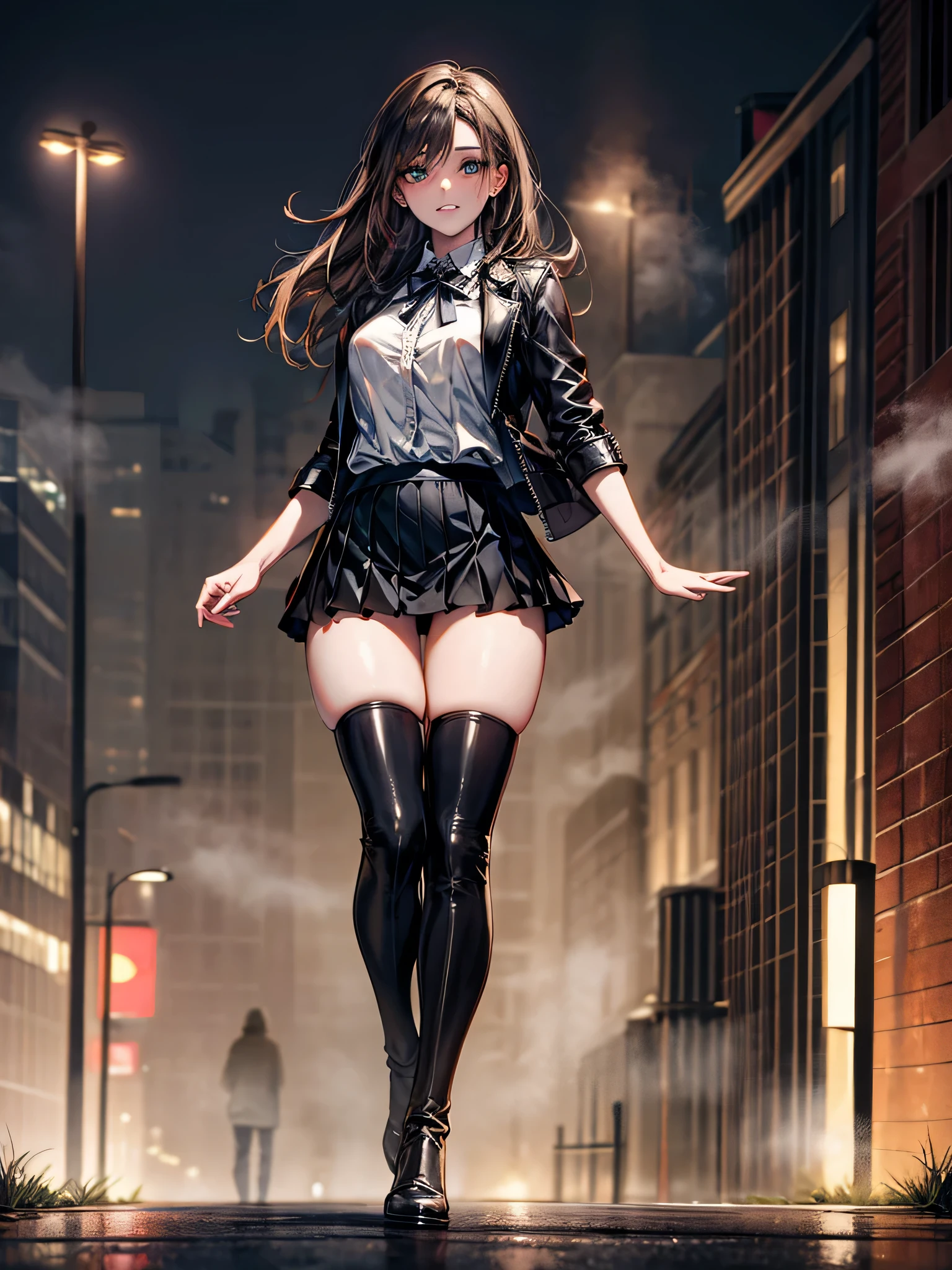 (Biologically correct limb count),Full body, including face,4K,Focus on the masterpiece face,Well-proportioned facial features,Delicate descriptive eyes,One beautiful woman,(Latex shirt,Black jacket,Black tight skirt), (Grin), looking at the camera, walking, (Thigh-high boots), (Thick fog all around,Street lights in the morning mist))、Detailed eye depiction、Highest quality,8k