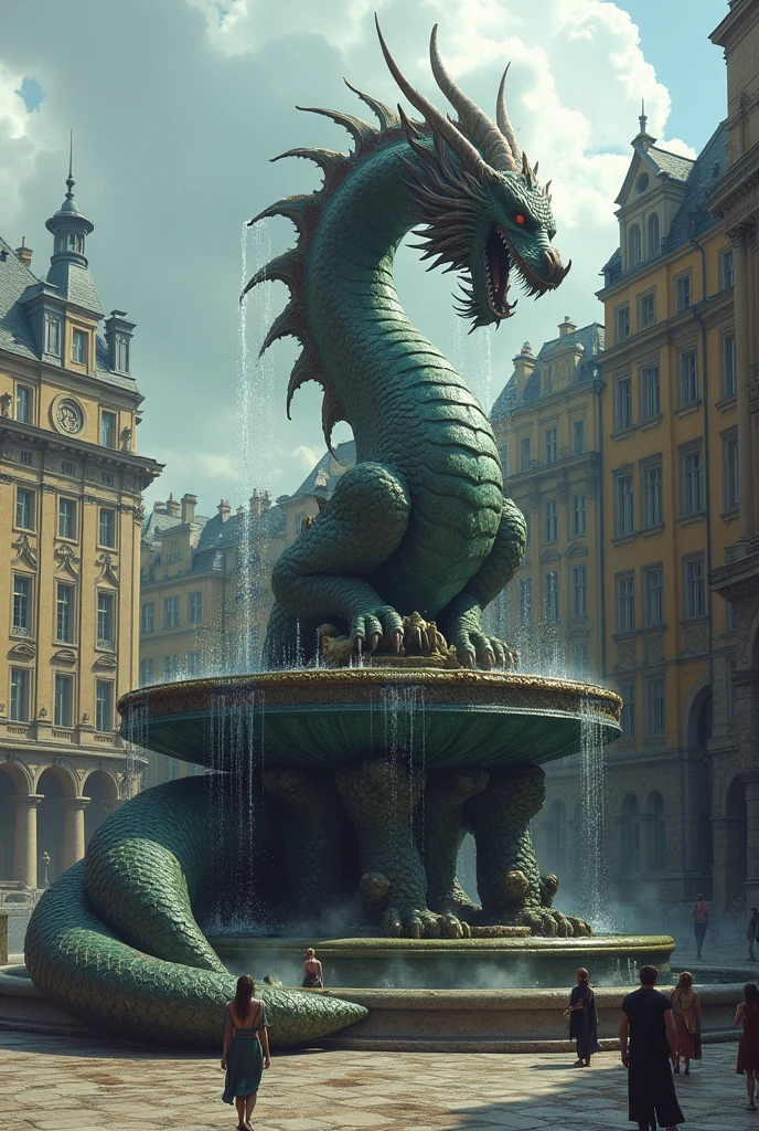 A statue of a fallen dragon under a wine fountain in the city center