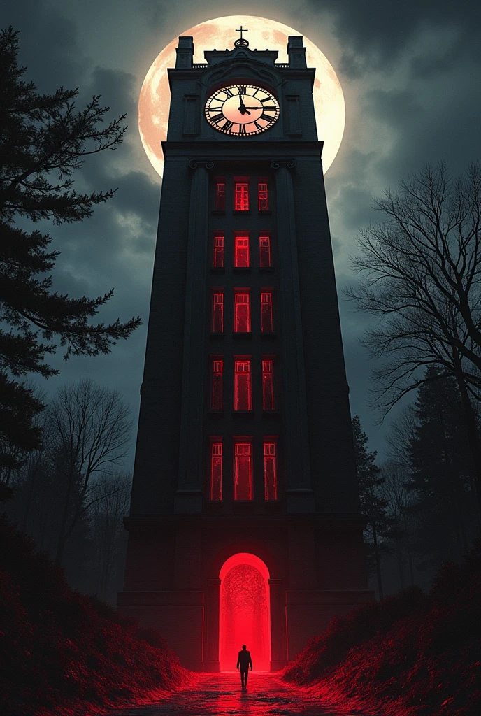 create a horror version of the clock tower spine card with lots of blood in the 1996s style