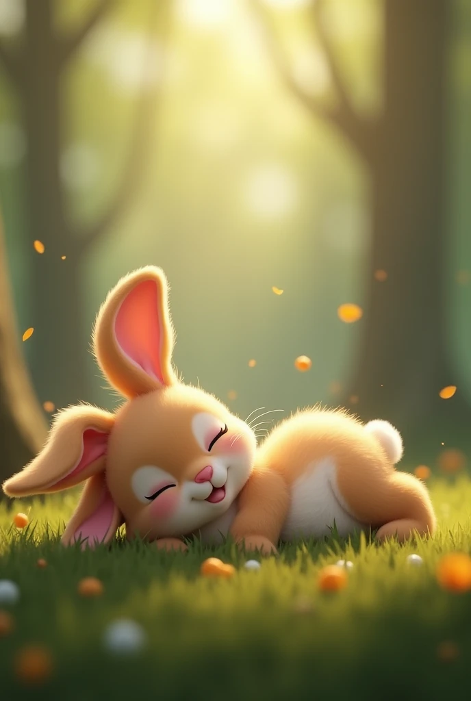 Highest quality Animated cute rabbit sleeping lying on his back with his mouth closed and eyes closed in the forest Natural light 3d