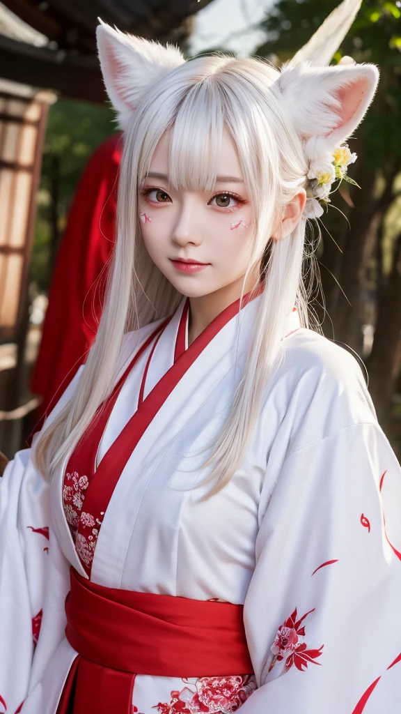 White Demon Fox、Nine-tailed Fox、Japanese women、kimono、Fair skin、Red lines on face、8K、I have long hair