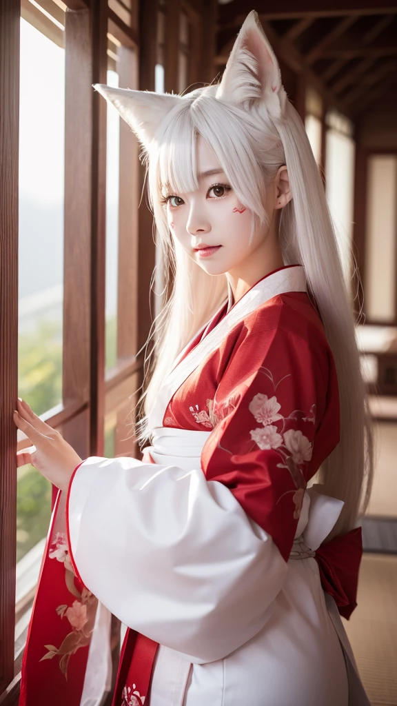 White Demon Fox、Nine-tailed Fox、Japanese women、kimono、Fair skin、Red lines on face、8K、I have long hair