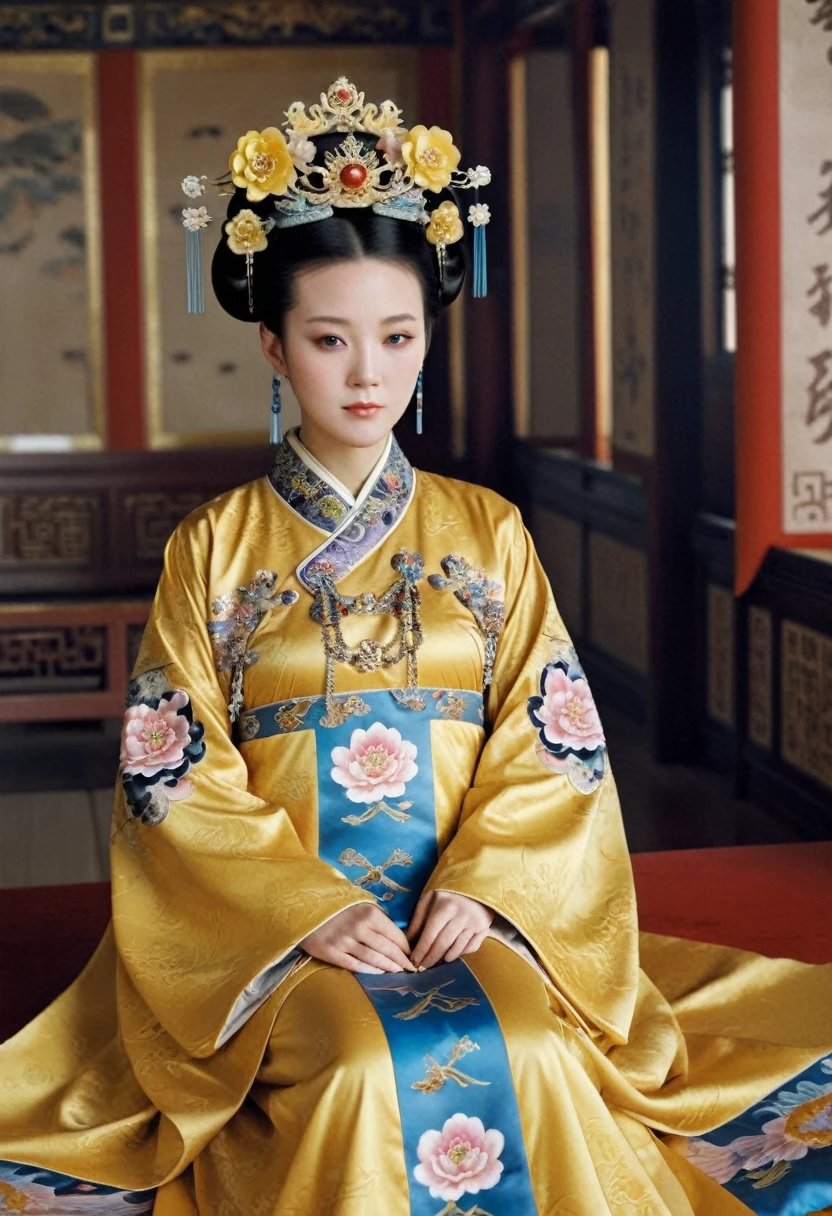 From before the Qing, The Empress sits naked on a golden sofa in the palace, Her eyes are wide open, Her legs were spread, big naked breasts. At the Chinese court during the Qing Dynasty, Empress of the Qing Dynasty, Empress of China, Wearing a large crown, When viewed from below, the abdomen and thighs are visible..。She is completely naked, Showing off gorgeous large flowers and hairpins, She tied her hair up and pulled it up, 背景はEmpress of the Qing Dynastyの豪華な宮殿.